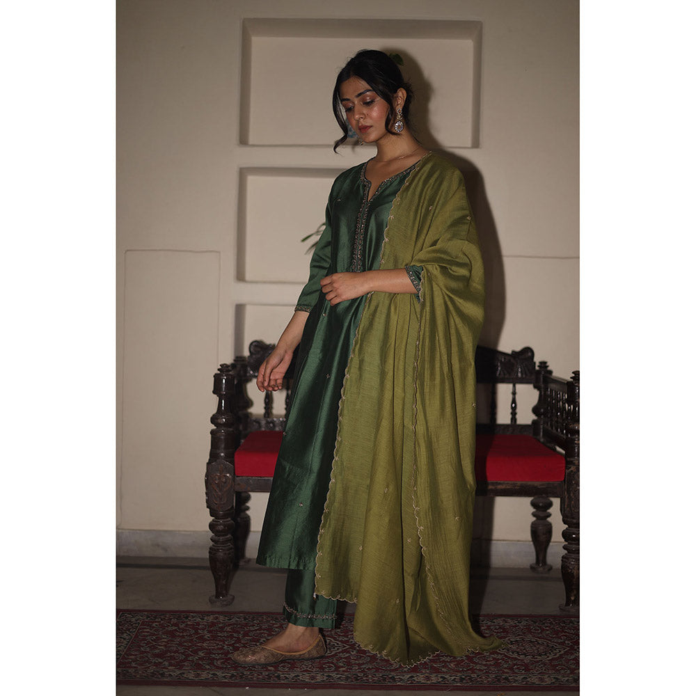 Tatwa Designs Bottle Green Heritage Jhumka Chanderi Kurta with Pant & Dupatta (Set of 3)