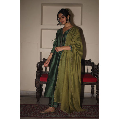 Tatwa Designs Bottle Green Heritage Jhumka Chanderi Kurta with Pant & Dupatta (Set of 3)