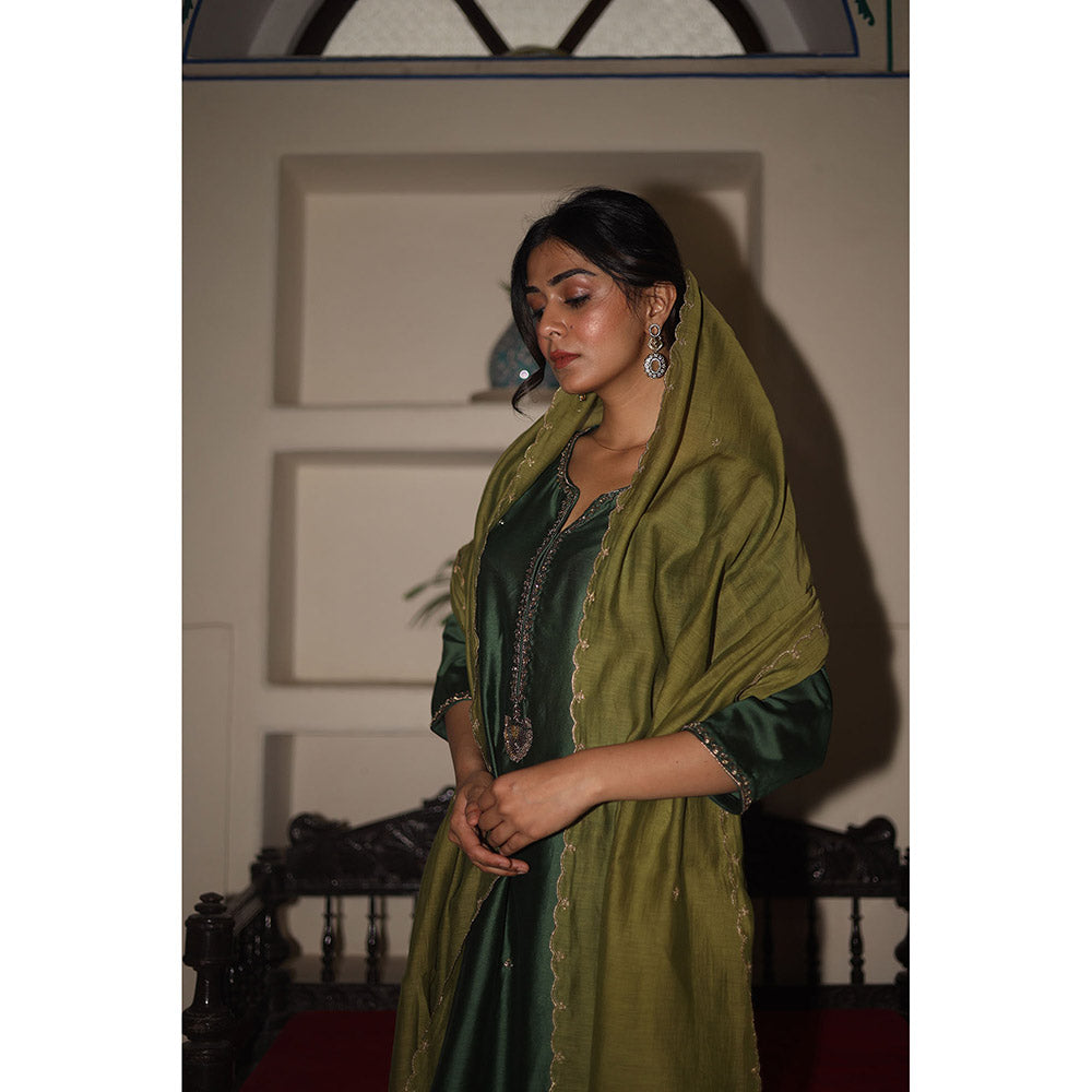 Tatwa Designs Bottle Green Heritage Jhumka Chanderi Kurta with Pant & Dupatta (Set of 3)