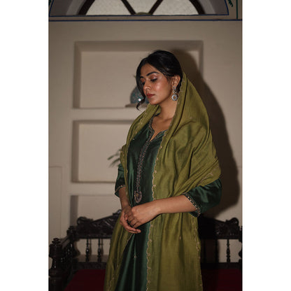 Tatwa Designs Bottle Green Heritage Jhumka Chanderi Kurta with Pant & Dupatta (Set of 3)