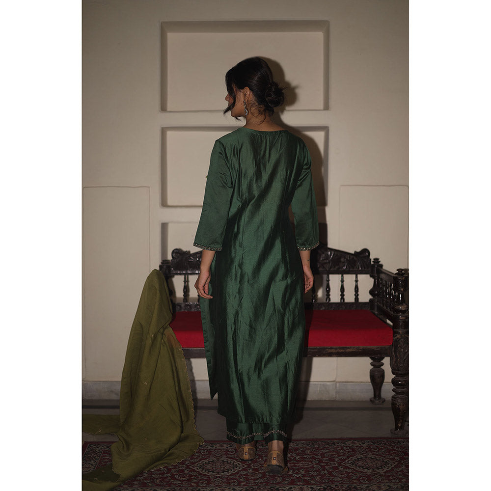 Tatwa Designs Bottle Green Heritage Jhumka Chanderi Kurta with Pant & Dupatta (Set of 3)