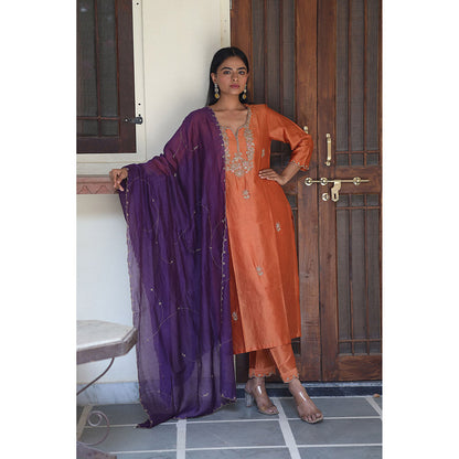 Tatwa Designs Orange Peonies and Parrot Kurta with Pant & Dupatta (Set of 3)