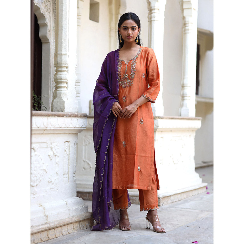 Tatwa Designs Orange Peonies and Parrot Kurta with Pant & Dupatta (Set of 3)