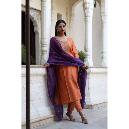 Tatwa Designs Orange Peonies and Parrot Kurta with Pant & Dupatta (Set of 3)