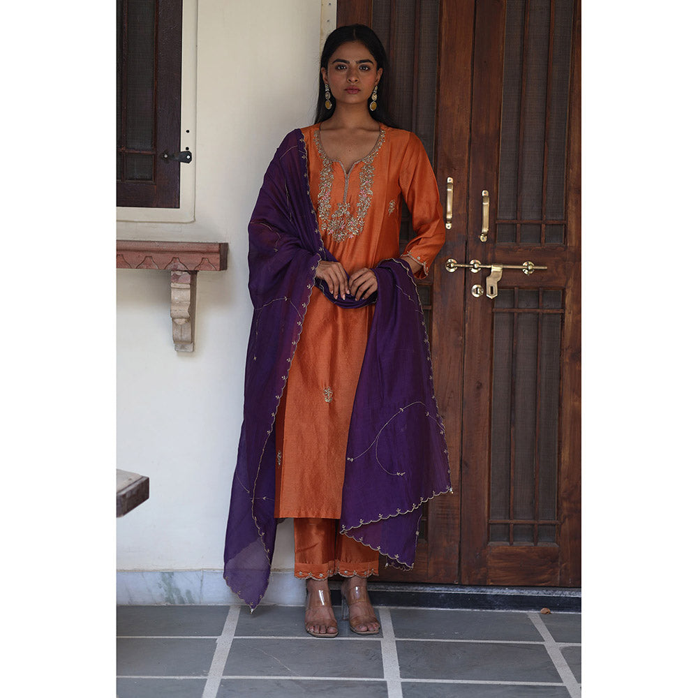 Tatwa Designs Orange Peonies and Parrot Kurta with Pant & Dupatta (Set of 3)
