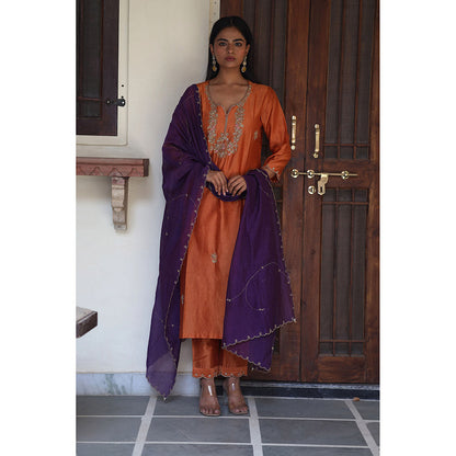 Tatwa Designs Orange Peonies and Parrot Kurta with Pant & Dupatta (Set of 3)