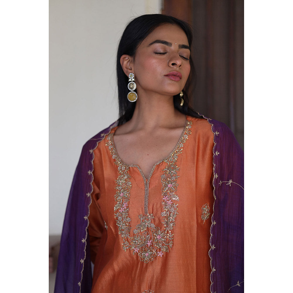 Tatwa Designs Orange Peonies and Parrot Kurta with Pant & Dupatta (Set of 3)
