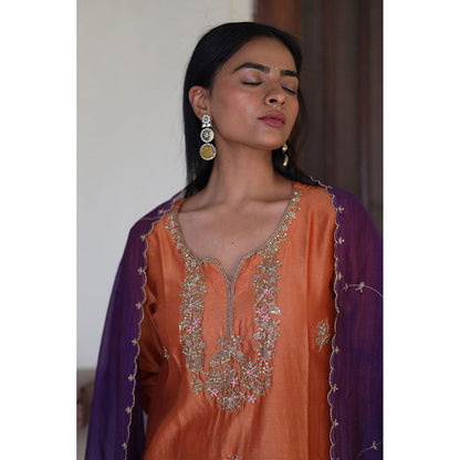 Tatwa Designs Orange Peonies and Parrot Kurta with Pant & Dupatta (Set of 3)