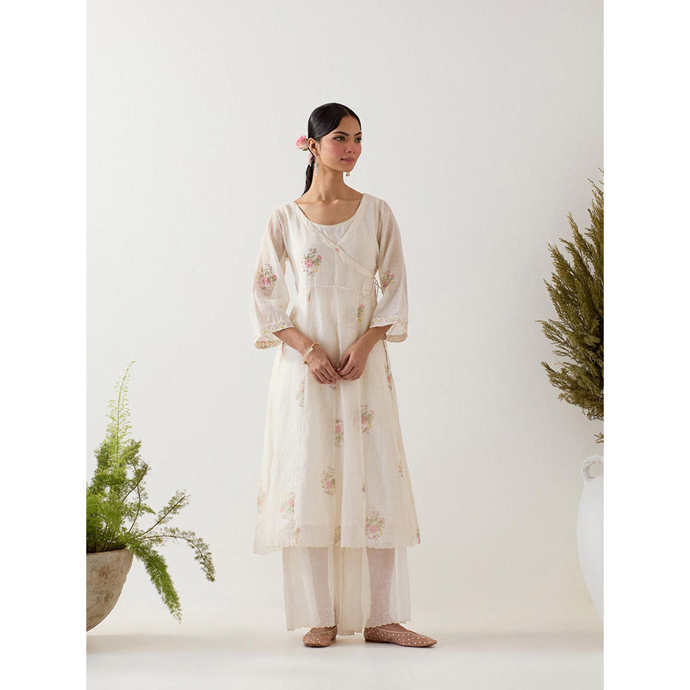 Tatwa Designs White Angrakha Printed Angrakha Kurta with Palazzo and Slip (Set of 3)