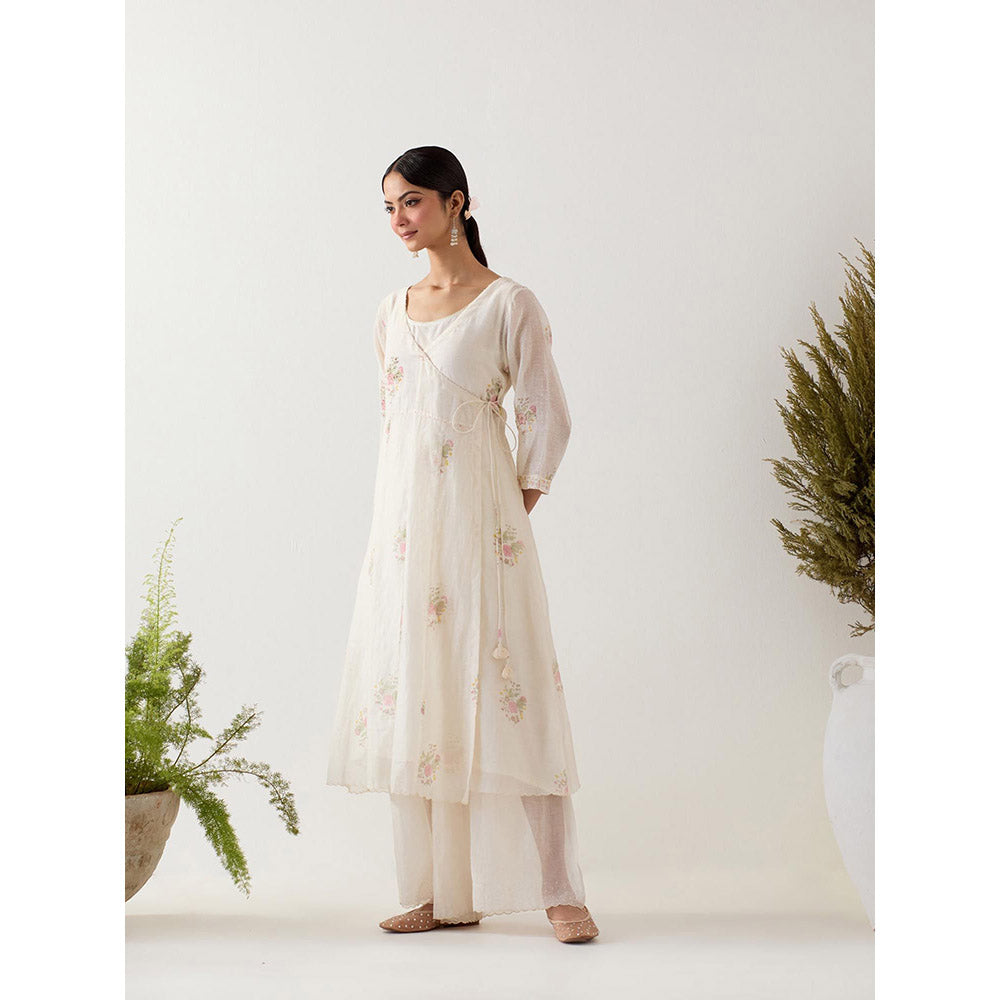 Tatwa Designs White Angrakha Printed Angrakha Kurta with Palazzo and Slip (Set of 3)
