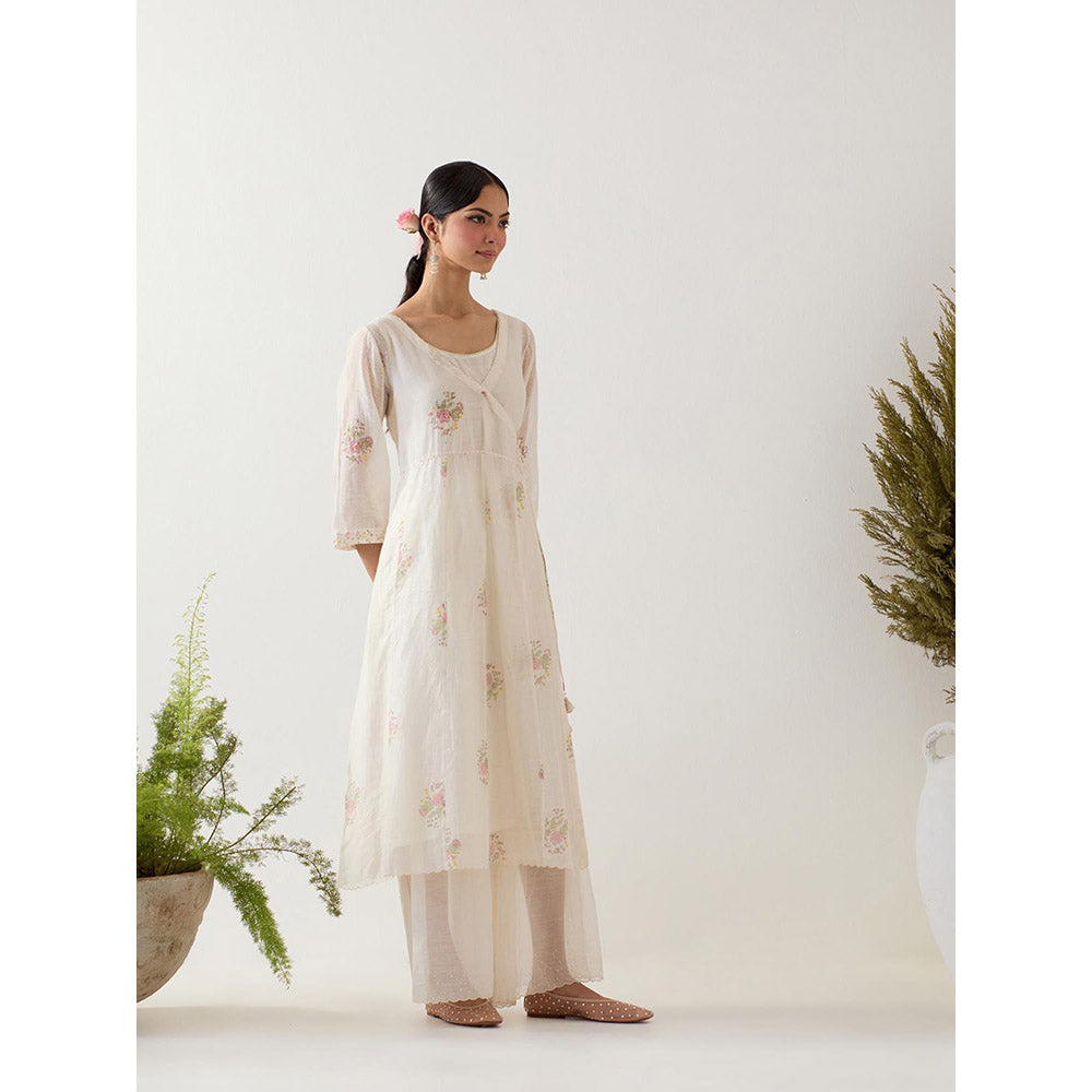 Tatwa Designs White Angrakha Printed Angrakha Kurta with Palazzo and Slip (Set of 3)