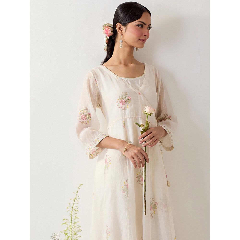 Tatwa Designs White Angrakha Printed Angrakha Kurta with Palazzo and Slip (Set of 3)
