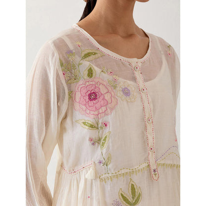 Tatwa Designs White Floral Applique Dress with Slip (Set of 2)