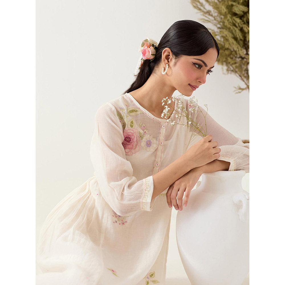 Tatwa Designs White Floral Applique Dress with Slip (Set of 2)