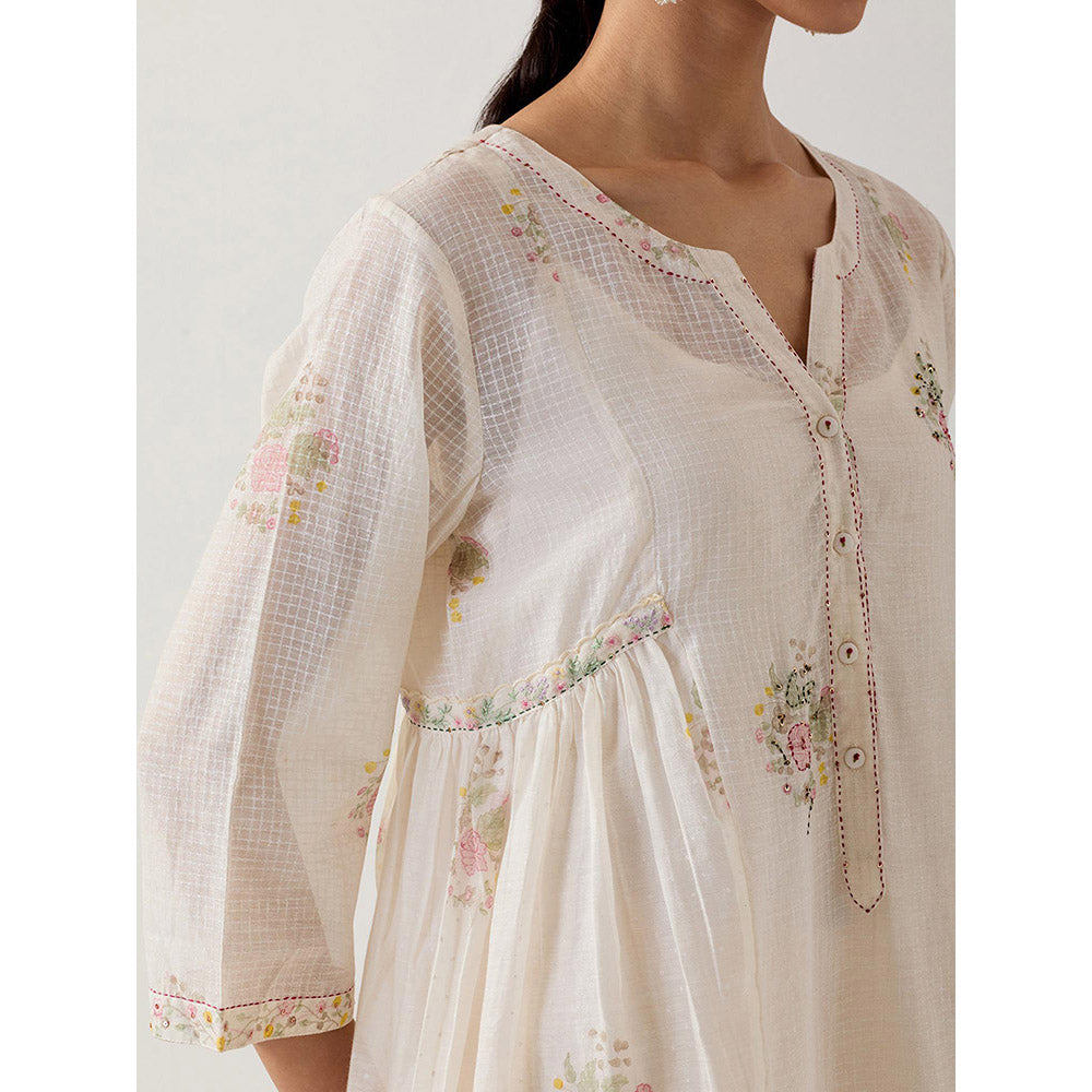 Tatwa Designs White Floral Checks Printed Dress with Slip (Set of 2)