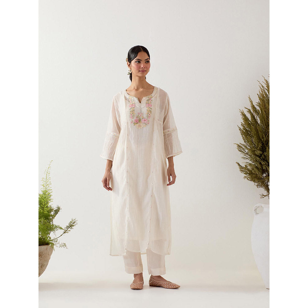 Tatwa Designs White Parrot And Peonies Kurta with Pant and Slip (Set of 3)