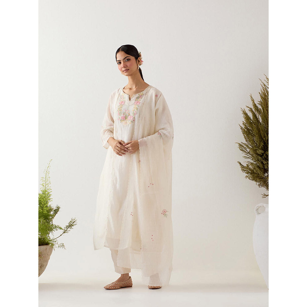 Tatwa Designs White Parrot And Peonies Kurta with Pant and Slip (Set of 3)