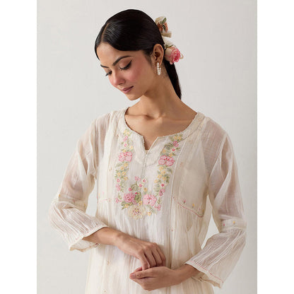 Tatwa Designs White Parrot And Peonies Kurta with Pant and Slip (Set of 3)