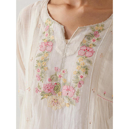 Tatwa Designs White Parrot And Peonies Kurta with Pant and Slip (Set of 3)