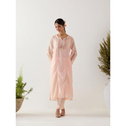 Tatwa Designs Ivory Pink Parrot And Peonies Kurta with Pant and Slip (Set of 3)