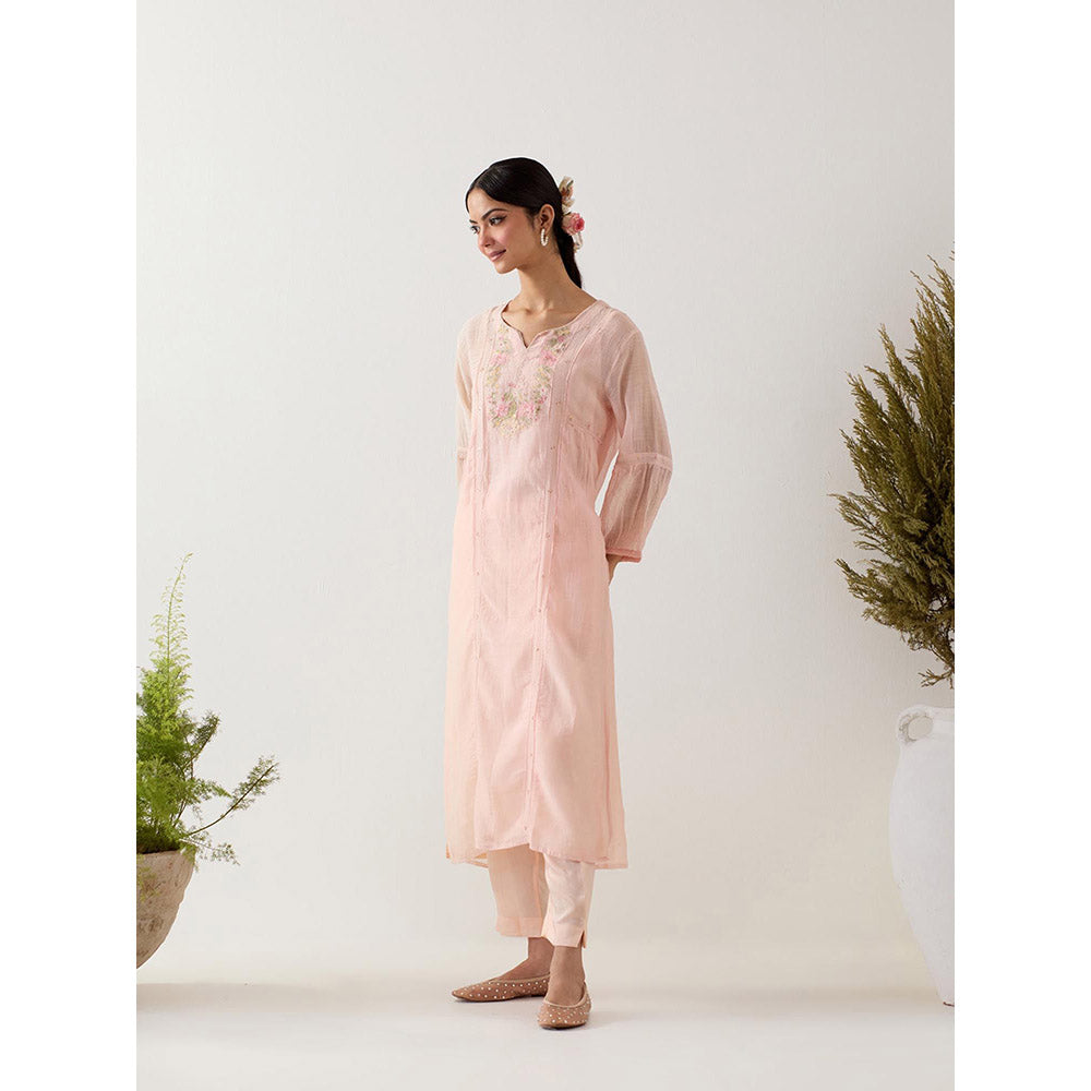 Tatwa Designs Ivory Pink Parrot And Peonies Kurta with Pant and Slip (Set of 3)