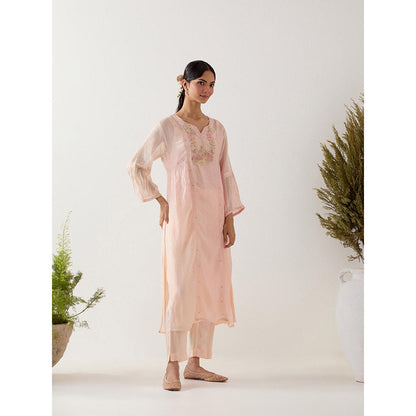 Tatwa Designs Ivory Pink Parrot And Peonies Kurta with Pant and Slip (Set of 3)