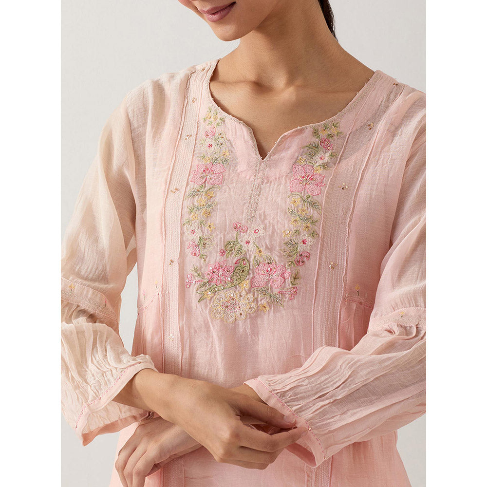 Tatwa Designs Ivory Pink Parrot And Peonies Kurta with Pant and Slip (Set of 3)