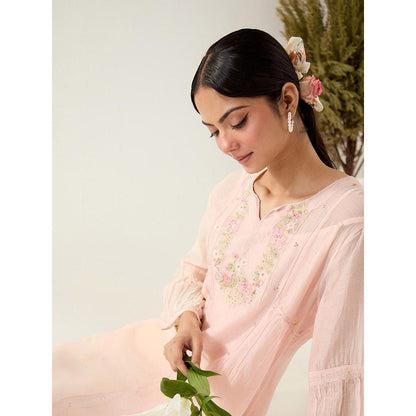 Tatwa Designs Ivory Pink Parrot And Peonies Kurta with Pant and Slip (Set of 3)