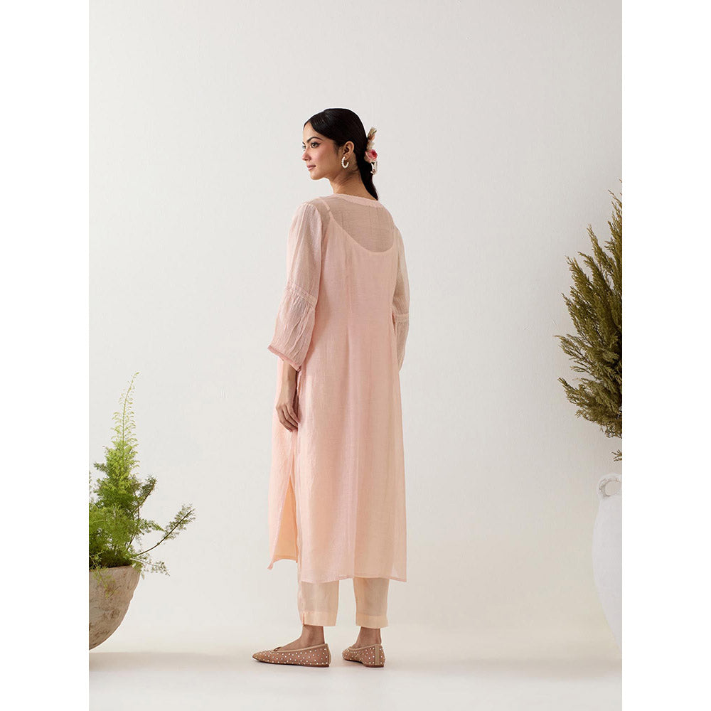 Tatwa Designs Ivory Pink Parrot And Peonies Kurta with Pant and Slip (Set of 3)