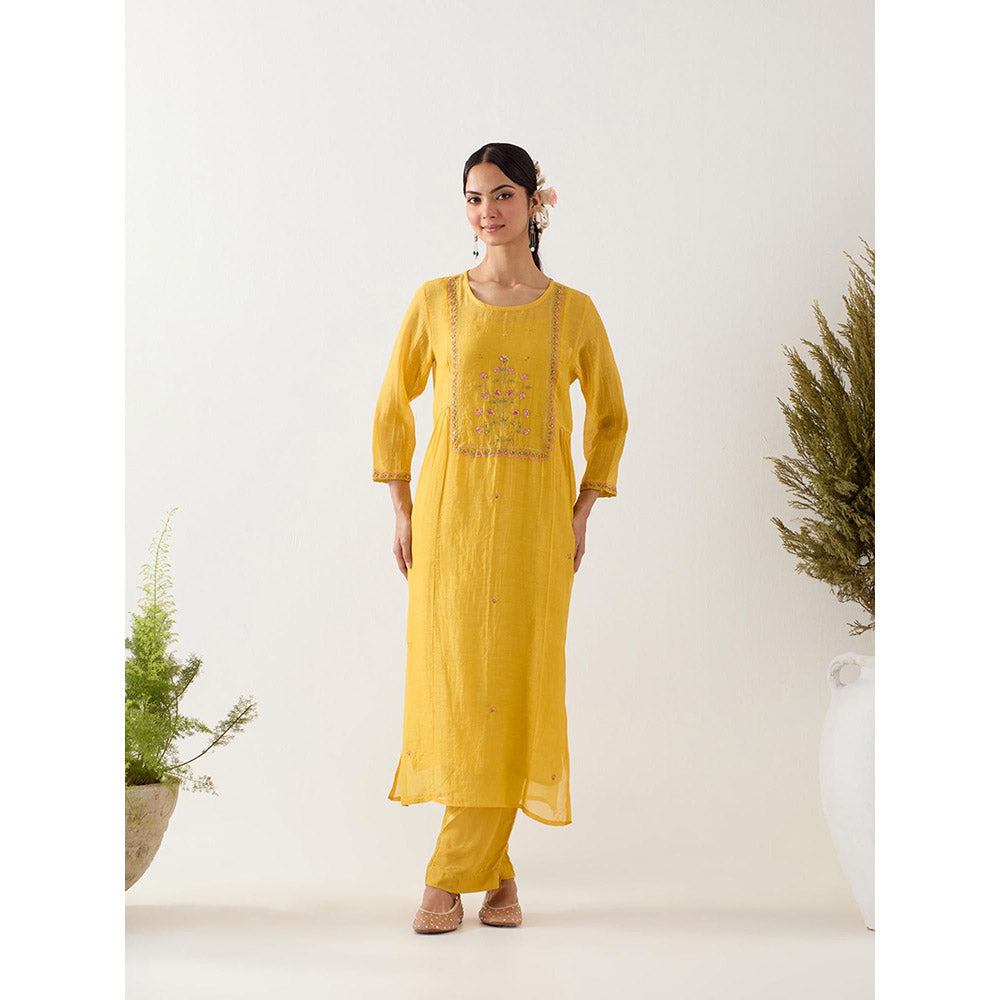 Tatwa Designs Mustard Mughal Buta Kurta with Pant and Slip (Set of 3)