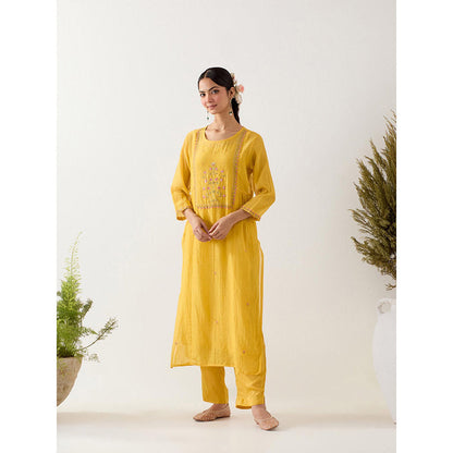 Tatwa Designs Mustard Mughal Buta Kurta with Pant and Slip (Set of 3)