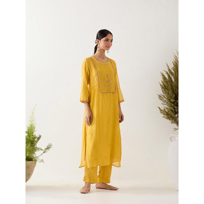 Tatwa Designs Mustard Mughal Buta Kurta with Pant and Slip (Set of 3)