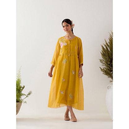Tatwa Designs Mustard Floral Applique Dress with Slip (Set of 2)