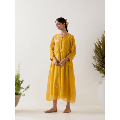 Tatwa Designs Mustard Floral Applique Dress with Slip (Set of 2)