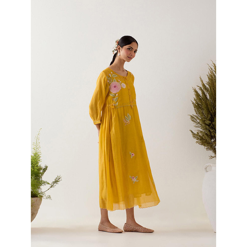 Tatwa Designs Mustard Floral Applique Dress with Slip (Set of 2)