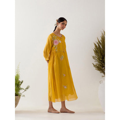 Tatwa Designs Mustard Floral Applique Dress with Slip (Set of 2)