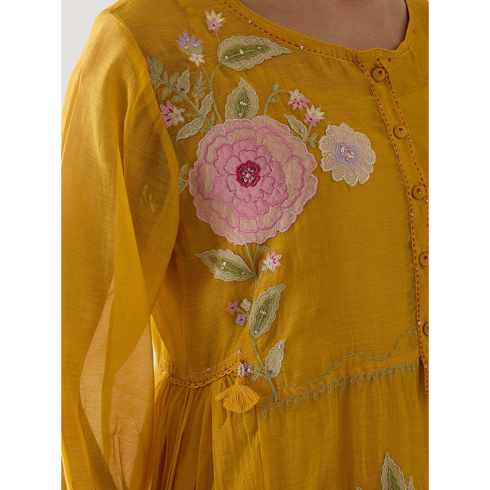 Tatwa Designs Mustard Floral Applique Dress with Slip (Set of 2)