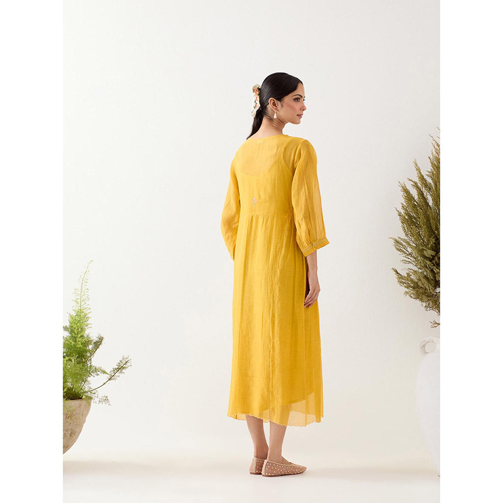 Tatwa Designs Mustard Floral Applique Dress with Slip (Set of 2)