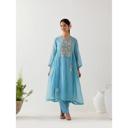 Tatwa Designs Jodhpur Blue Applique Kurta with Pant and Slip (Set of 3)