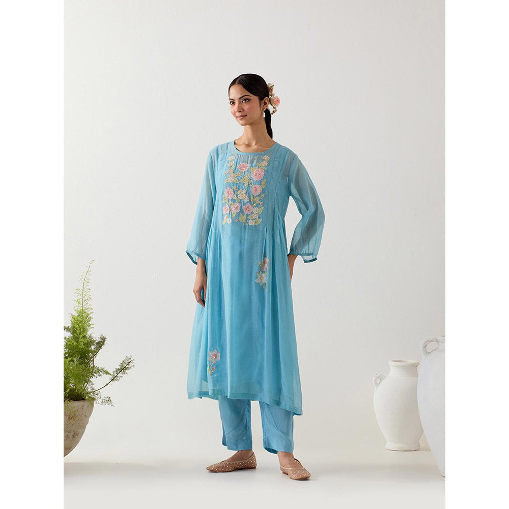 Tatwa Designs Jodhpur Blue Applique Kurta with Pant and Slip (Set of 3)