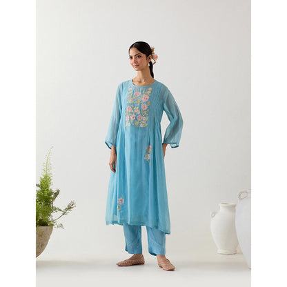 Tatwa Designs Jodhpur Blue Applique Kurta with Pant and Slip (Set of 3)