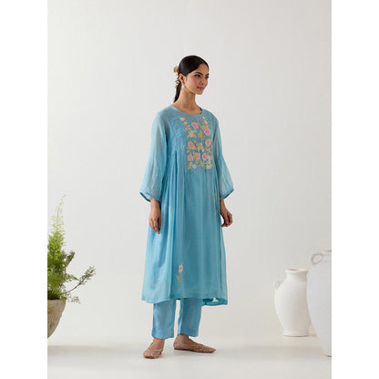 Tatwa Designs Jodhpur Blue Applique Kurta with Pant and Slip (Set of 3)