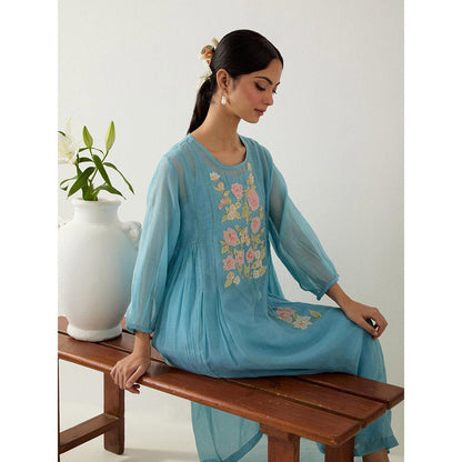 Tatwa Designs Jodhpur Blue Applique Kurta with Pant and Slip (Set of 3)
