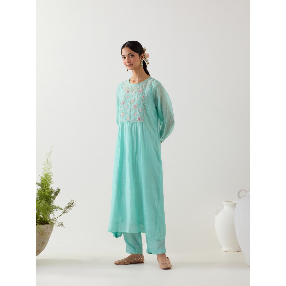 Tatwa Designs Teal Marine Life Kurta with Pant and Slip (Set of 3)
