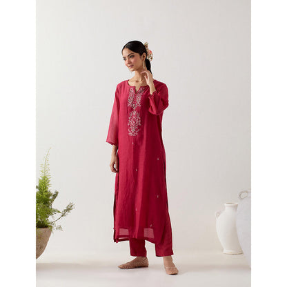 Tatwa Designs Maroon Pendant Kurta with Pant and Slip (Set of 3)