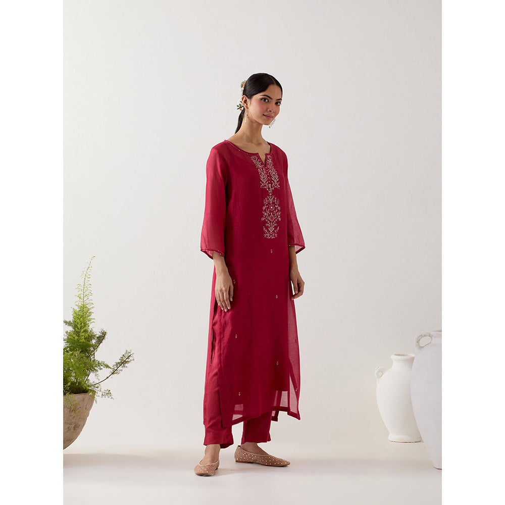 Tatwa Designs Maroon Pendant Kurta with Pant and Slip (Set of 3)