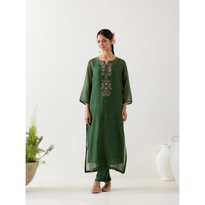 Tatwa Designs Bottle Green Pendant Kurta with Pant and Slip (Set of 3)