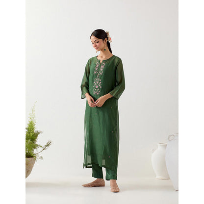 Tatwa Designs Bottle Green Pendant Kurta with Pant and Slip (Set of 3)