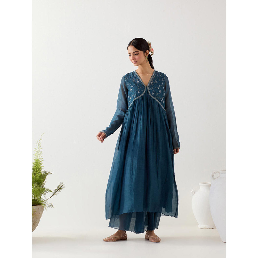 Tatwa Designs Navy Blue Midnight Anarkali Kurta with Sharara and Slip (Set of 3)