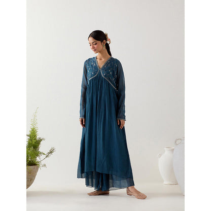 Tatwa Designs Navy Blue Midnight Anarkali Kurta with Sharara and Slip (Set of 3)
